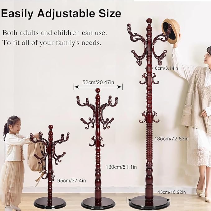 Wood Coat Rack Freestanding, Natural Coats Tree Stand with 14 Hooks, 73" Sturdy and Easy Assembly Coat Rack Stand for Entryway, Hallway, Bedroom, Bags, Hats (Heavy-duty Disc Base, Rosewood)