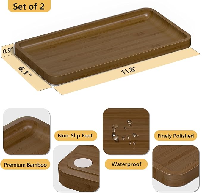 Weenson Bathroom Vanity Tray for Countertop Makeup Jewelry Perfume Decor Candle, Bamboo Kitchen Tray for Soap Dispenser Spice Salt Oil, Brwon Tray for Toilet Tank Coffee Nightstand Set of 2