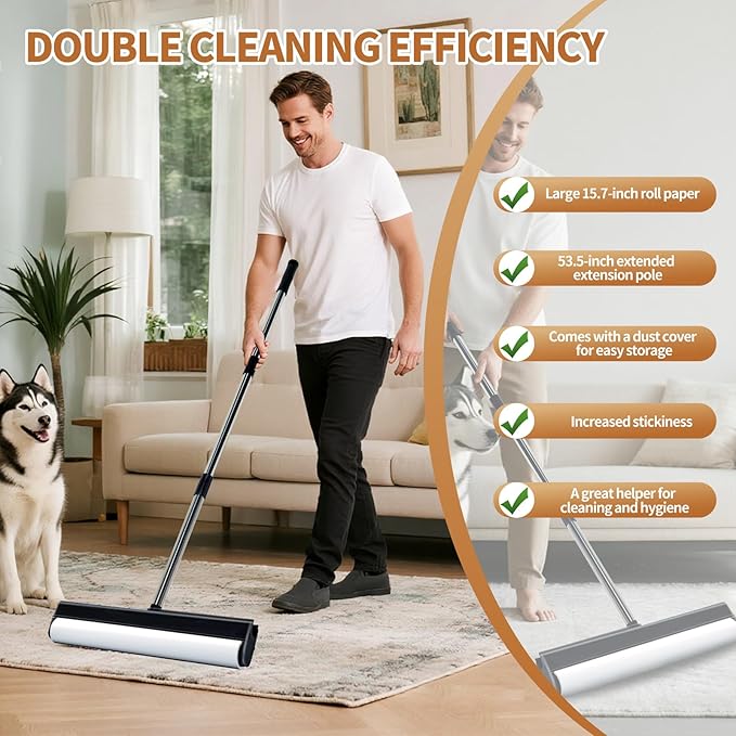 Large Lint Rollers for Carpet, 15.74 in Extra Sticky Rollers for Floor with 4 Extendable Handle, Long Handle Sticky Mop for Cleaning Carpet, Car, Clothes,Dog and Cat Pet Hair Remover with 360 Sheets