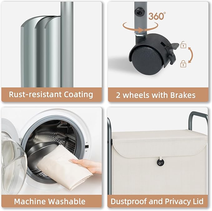 STORAGE MANIAC Rolling Laundry Hamper, Laundry Basket with Lockable Wheels, Clothes Sorter Cart, Small Clothes Separator Hamper for Closet, Bathroom, Laundrys Room, 1 Section Beige