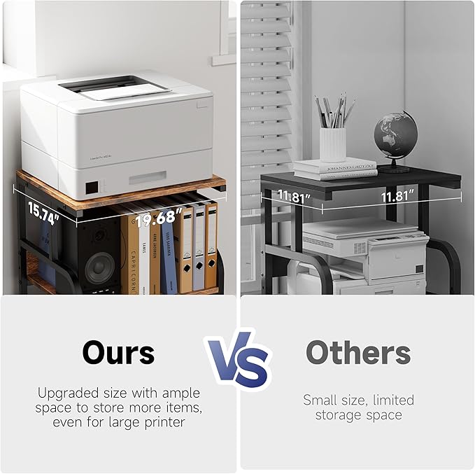 Warmiehomy Printer Stand, 20×16×28'' Printer Table with Wheels, 3 Tier Rolling Cart with Adjustable Storage Shelf, Space Saving 3D Desk for Home Office, Mini Fridge & Heat Press Stand, Rustic Brown