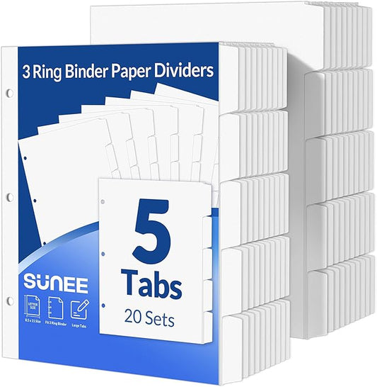SUNEE Binder Dividers with Tabs for 3 Ring Binder, 8.5 x 11 Paper White Binder Dividers Blank with 5 Tabs, 20 Sets Page Dividers for School, Office and Home, 100 Dividers