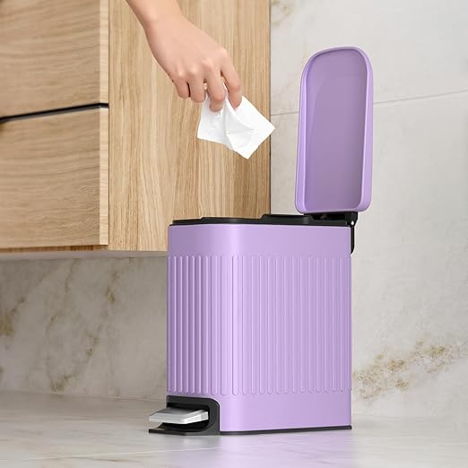 TrashAid Slim Bathroom Trash Can with Lid Soft Close, 6 Liter/1.6 Gallon Stainless Steel Small Garbage Can with Removable Inner Bucket, Step Pedal, Slim Wastebasket for Toilet, Office, Bedroom, Purple
