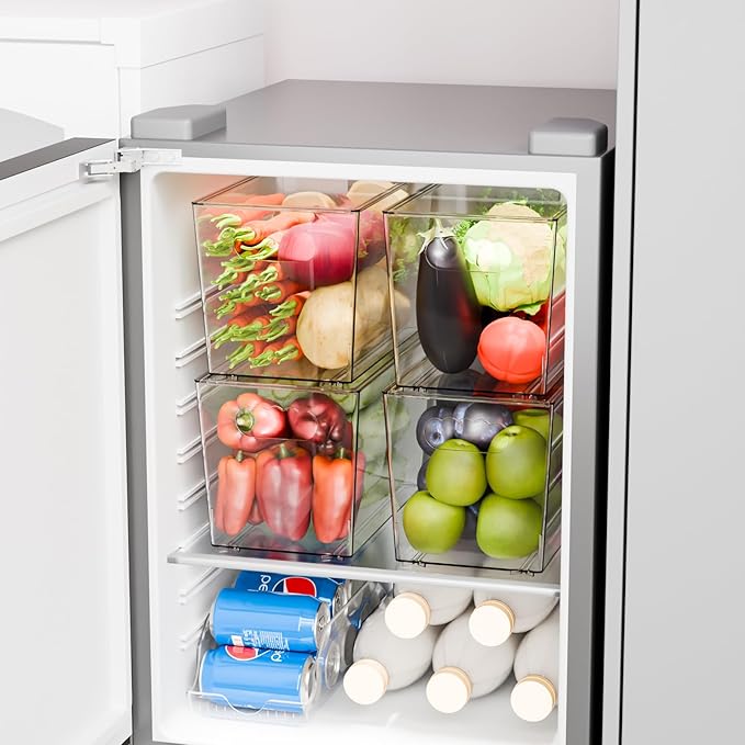 Yieach 4 Pack Stackable Clear Organizer Bins With Lids & Handle,11.1″ Deep Plastic Hall Closet Storage Bins for Pantry,Refrigerator and Cabinets,Acrylic Container for Organizing Toy,Snacks Organizer