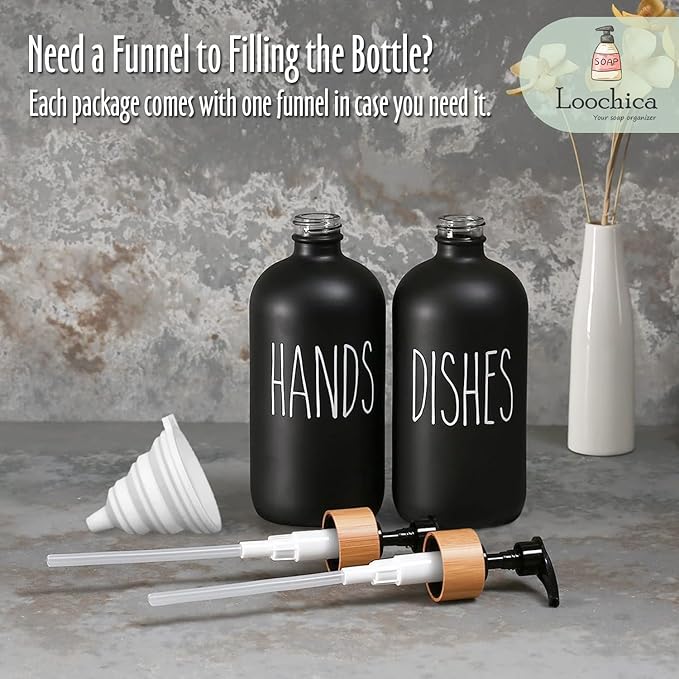2 Pack Black Glass Soap Dispenser Set, Matte Black Soap Dispenser for Sink, Rustic Kitchen Decor