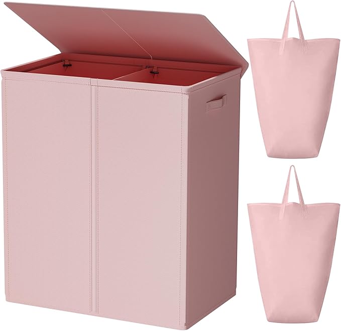 WOWLIVE 154L Double Laundry Hamper with Lid and Removable Laundry Bags, Large Dirty Clothes Hamper 2 section Collapsible Laundry Basket Dorm Room Storage for Bedroom, Bathroom, College,Pink