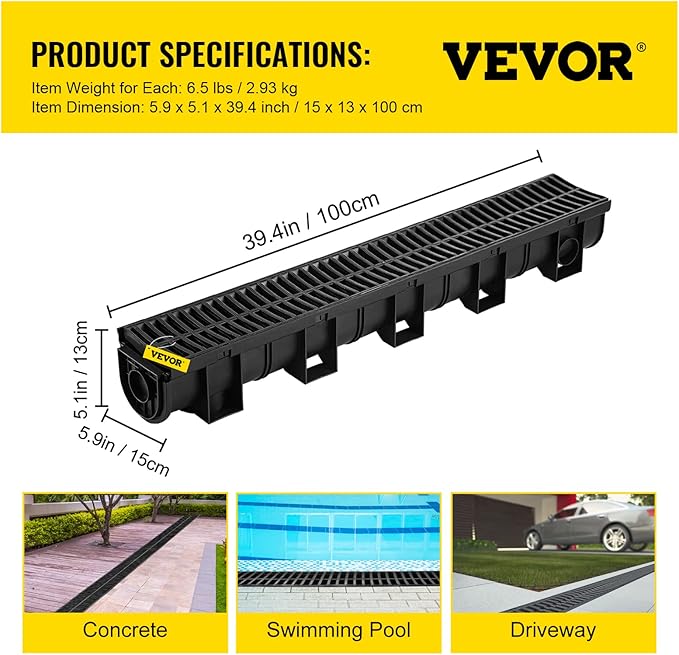 VEVOR Trench Drain System with Plastic Grate, 5.9x5.1-Inch HDPE Channel Drainage for Garden, Driveway - 6 Pack