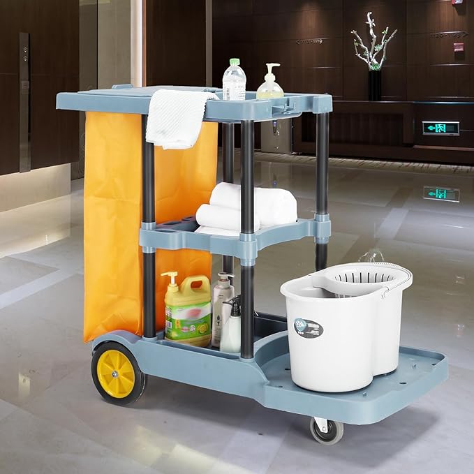 TUFFIOM Commercial Traditional Cleaning Janitorial 3-Shelf Cart, 500 Lbs Capacity Housekeeping Cart, 42.5" L x 18.7" W x 37.6" H, Wheeled with 22 Gallon Yellow Vinyl Bag and Cover w lid, Blue