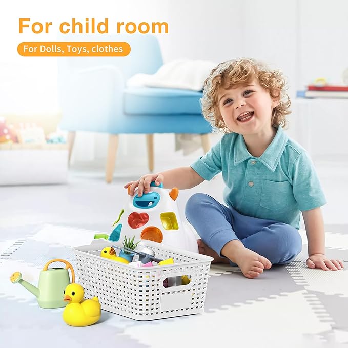 White Plastic Storage Baskets - Pack of 8 with Labels Stackable Durable Storage Bins, Storage Containers for Organizing Desktops, Closets, Playrooms, Classrooms, Offices