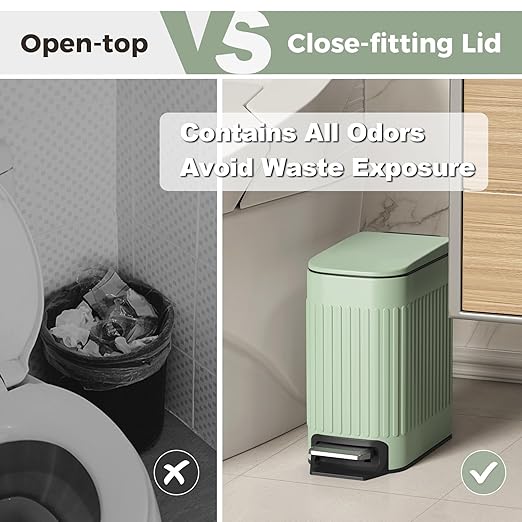 TrashAid Slim Bathroom Trash Can with Lid Soft Close, 6 Liter/1.6 Gallon Stainless Steel Small Garbage Can with Removable Inner Bucket, Step Pedal, Slim Wastebasket for Toilet, Office, Bedroom, Green