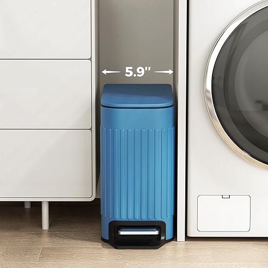 TrashAid Slim Bathroom Trash Can with Lid Soft Close, 6 Liter/1.6 Gallon Stainless Steel Small Garbage Can with Removable Inner Bucket, Step Pedal, Slim Wastebasket for Toilet, Office, Bedroom, Blue