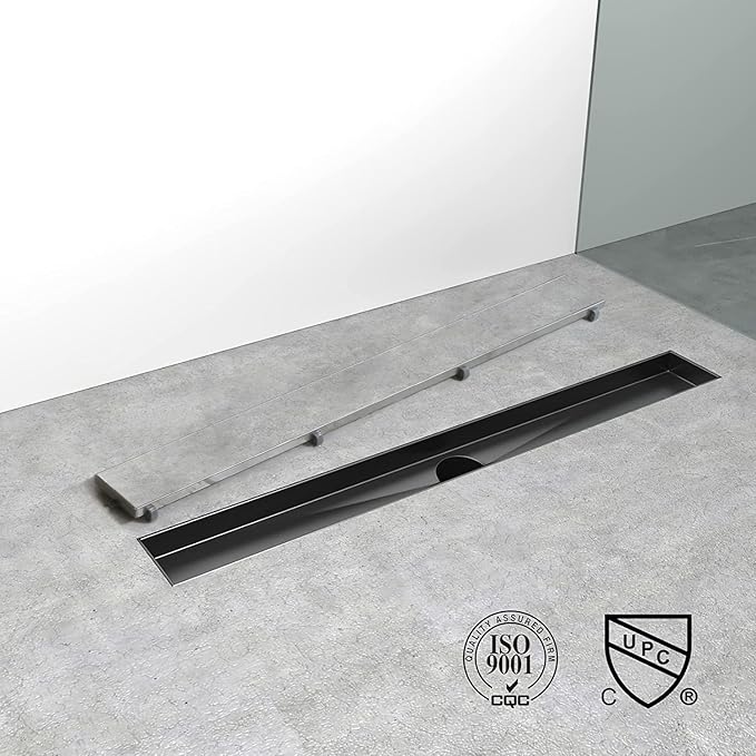 Linear Shower Drain, 40 inch Black Drain with Tile Insert 2-in-1 Panel, Brushed 304 Stainless Steel Shower Floor Drain, Linear Drain with Hair Strainer and Adjustable Feet