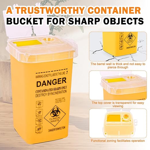 CHANGTIKEJI 1 Quart (3-Pack) Yellow Sharps Containers, Biohazard Needle Disposal for Home Use, Portable Travel Sharps Storage, Professional Waste Sharps Disposal Bucket