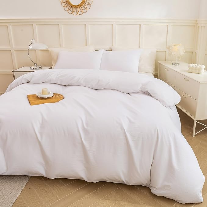ECOCOTT White Duvet Cover Queen Size - 100% Washed Cotton Durable Soft Comfy Duvet Cover Set, Lightweight and Breathable with Zipper Closure & Corner Ties (White, 90''x90'')