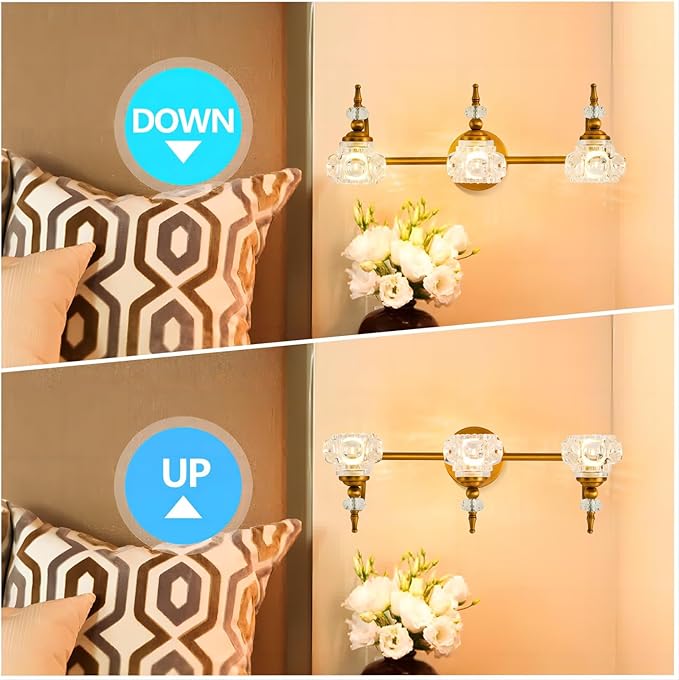 WJShome Vintage Bathroom Vanity Light Fixture, 3 Lights Bathroom Lighting Matte Brushed Antique Brass Finish with Crystal Glass Shade, Vintage Vanity Light for Bathrooms