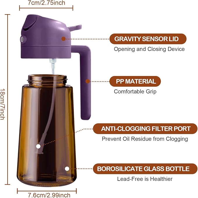 YARRAMATE 2Pcs 16oz/470ml Dark Brown Oil Sprayer for Cooking with Stickers, Food-grade Premium 2 in 1 Olive Oil Dispenser Bottle for Kitchen Gadgets, Air Fryer, Salad, Frying, BBQ (Black&Purple)