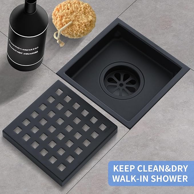 Square Shower Drain 4-Inch with ABS Flange, Matte Black, Removable Grille,Bathroom Stainless Steel Shower Floor Drain