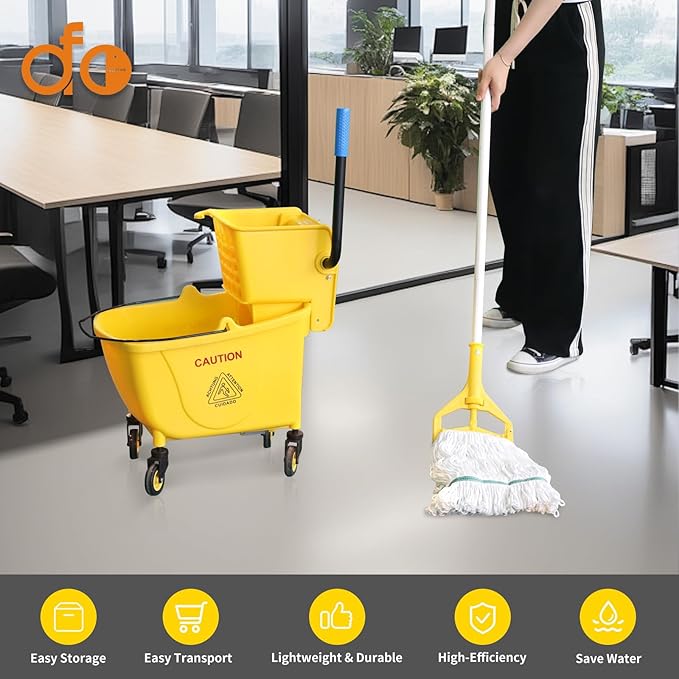 Side Press Wringer Combo Commercial Floor Cleaning Rectangular Mop Bucket on Wheels, 35-Qt, Yellow,Add One Mop and One Mop Head Replacement