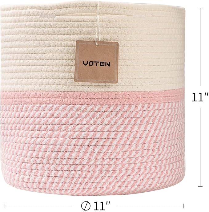 voten Cube Storage Baksets Bins 11x11’’ Fit 12x12’’ Organizer Bookcases Shelving,Stylish&Durable Woven Cotton Basket Containers for Organizing 3-Pack Off White/Mixed Pink