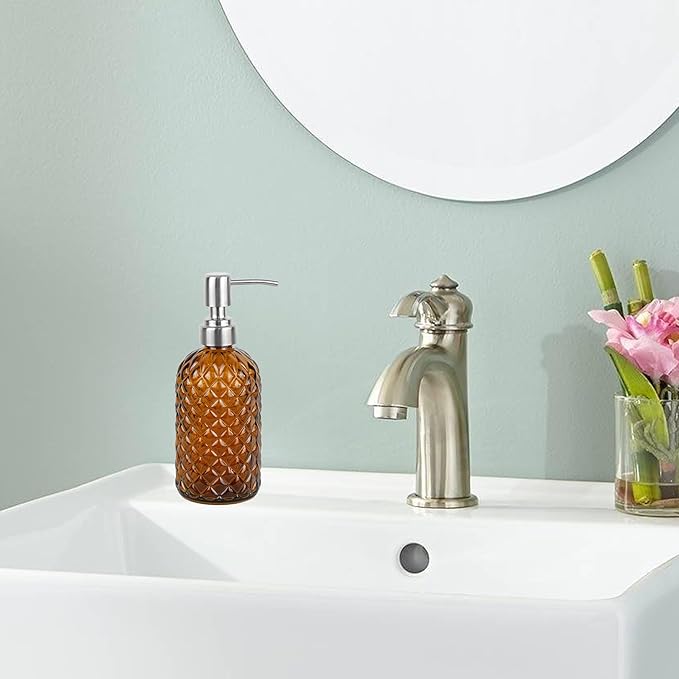 16 oz Diamond Pattern Glass Soap Dispenser, Kitchen and Bathroom Refillable Soap Dispenser with Rust Resistant Stainless Steel Pump for Hand Soap, Lotion Glass Liquid Dispenser(Amber)