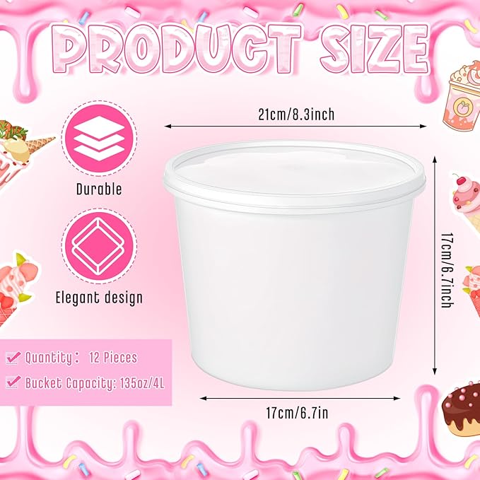 12 Pcs 1 Gallon Ice Cream Buckets with Lids 135 oz Round Plastic Food Storage Containers Cocktail Rum Bucket for Drinks Freezer Safe Ice Cream Tubs for Deli Soup Meal Flour(Light Color)