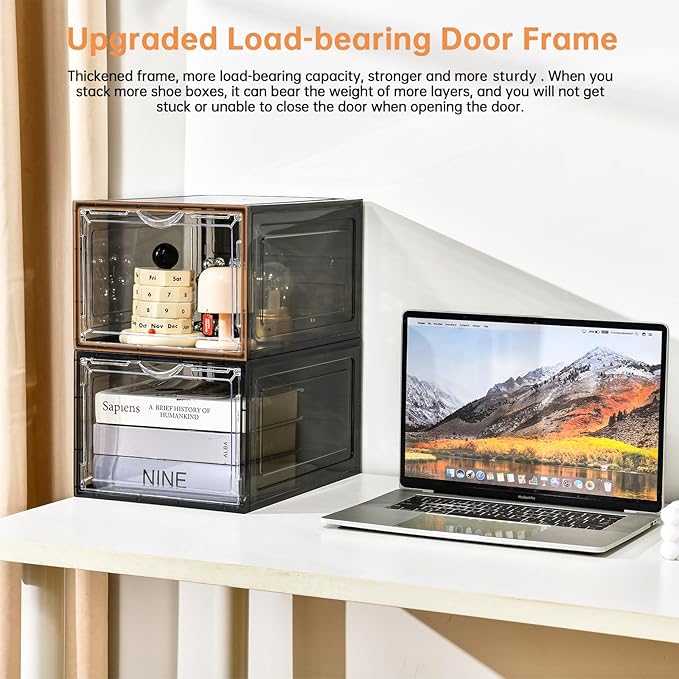 Clemate Upgraded X-Large Shoe Storage Box,12 Pack,Shoe Box Clear Plastic Stackable,Drop Front Shoe Box with Clear Door,Shoe Organizer Containers For Sneaker Display,Fit up to US Size13, Black