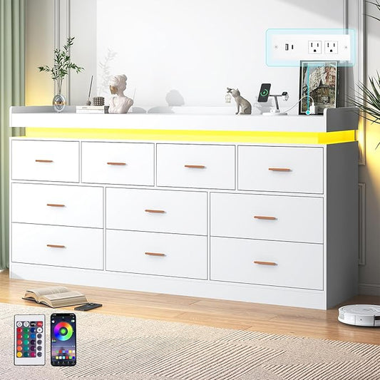 10 Drawer Dresser with Charging Station and LED Lights, Modern Chest of Drawers with Power Outlet, Organizer Cabinet for, Living Room, Entryway, White