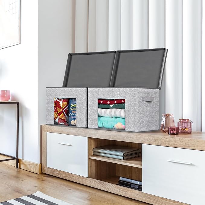 Univivi Foldable Fabric Storage Boxes Large Storage Bins with Lids [4-Pack] Collapsible Storage Cube Organizer, Closet & Bedroom Organization Containers, Home Storage Cube Box (Gray, 17“ x 12” x 12")