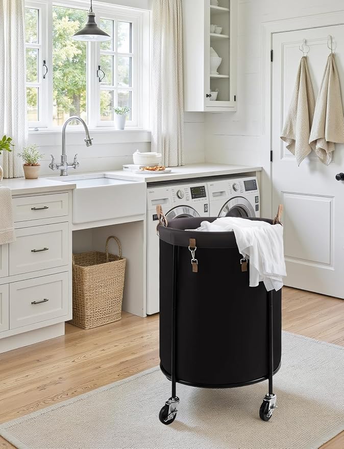 StorageWorks 170L Rolling Laundry Basket, Clothes Hamper with Wheels, Round Clothing Cart with Steel Frame and Removable Bag, 4 Casters and 2 Brakes, Black, 1-Pack