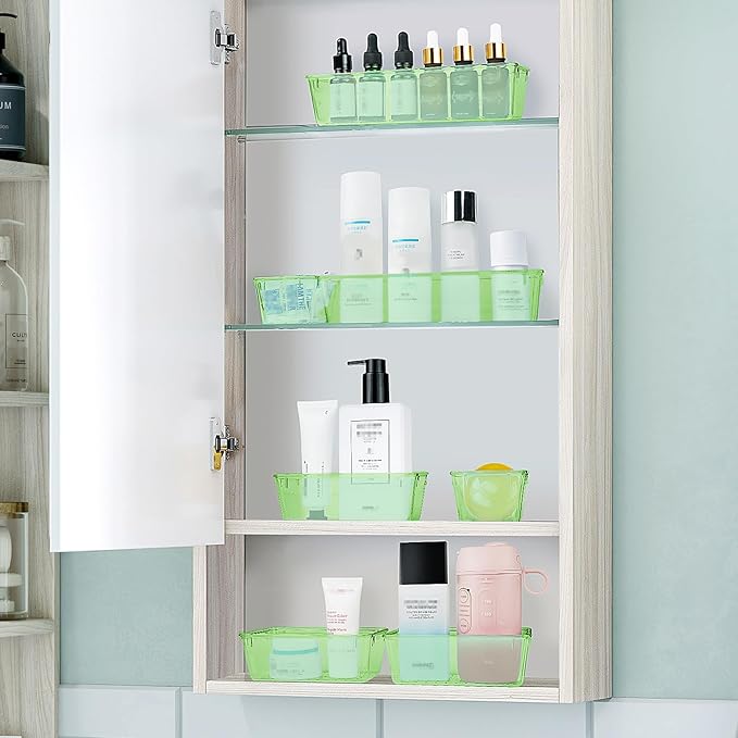 WOWBOX 25 PCS Plastic Drawer Organizer Set, 4 Sizes Desk Drawer Divider Organizers and Storage Bins for Makeup, Jewelry, Gadgets for Kitchen, Bedroom, Bathroom, Office, Clear Green