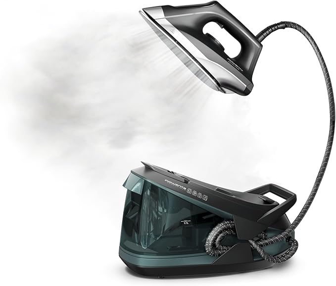 Rowenta Iron Steamer for Clothes Master Steam Station, Professional Steam Iron for Clothes with Stainless Steel Soleplate, 57 Oz, 400 Microsteam Holes, Built-In Pump, 1750 Watts, Black/Green, VR8338