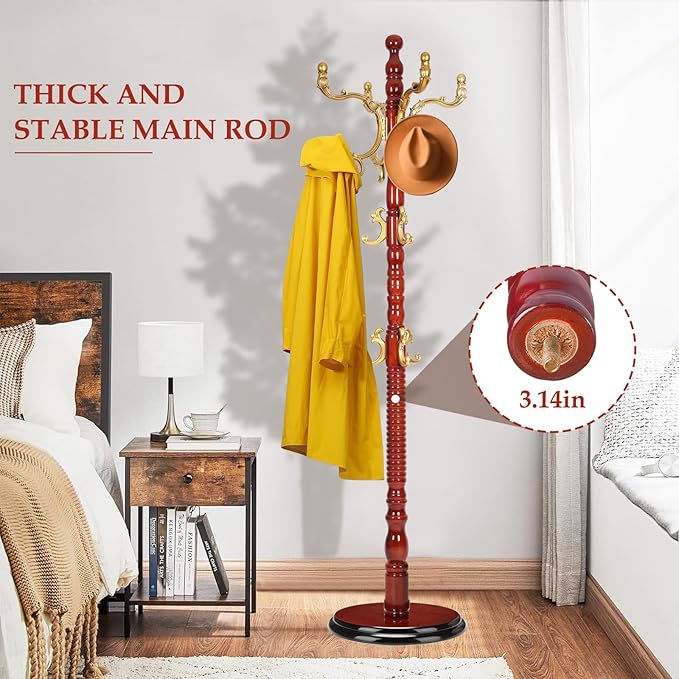 Wood Coat Rack Freestanding, Natural Coats Tree Stand with 14 Hooks, 73" Sturdy and Easy Assembly Coat Rack Stand for Entryway, Hallway, Bedroom, Bags, Hats (Heavy-duty Disc Base, Golden)