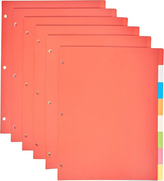 Amazon Basics 8-Tab Plastic Binder Divider with Multicolor Tab Label for 3 Ring Binder, Letter Size, 48 Sets