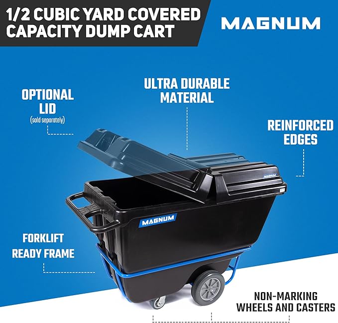 Tilt Truck, 1/2 Cu. Yd. Capacity Dump Cart with Non-Marking 12” Wheels & 5” Casters & Forklift-able Frame for Jobsites, 850 lbs, Trash Cart with Wheels DUC12T-F-NM
