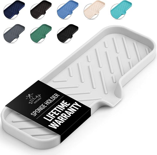 Zulay Kitchen Large Silicone Sponge Holder (12x4) – Flexible Sink Organizer Tray for Kitchen & Bathroom – Multipurpose Soap Dish for Sponges, Makeup, Trinkets & More (White)