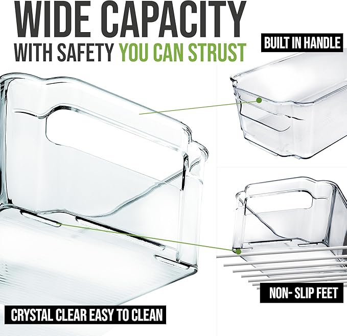 Zulay Kitchen 4 Pack Refrigerator Organizer Bins – Large Clear Fridge Storage Containers with Built-In Handles & Non-Slip Feet - Ideal Fridge Organizers, Kitchen Cabinets, Pantry Organization