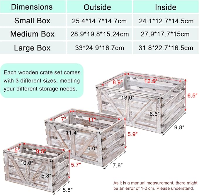 Storage Crate Nesting Wooden Crates with Handles,Set of 3 Rustic Farmhouse Decorative Wood Baskets for Storage,Display,Decor Boxes,(Large,Medium,Small)