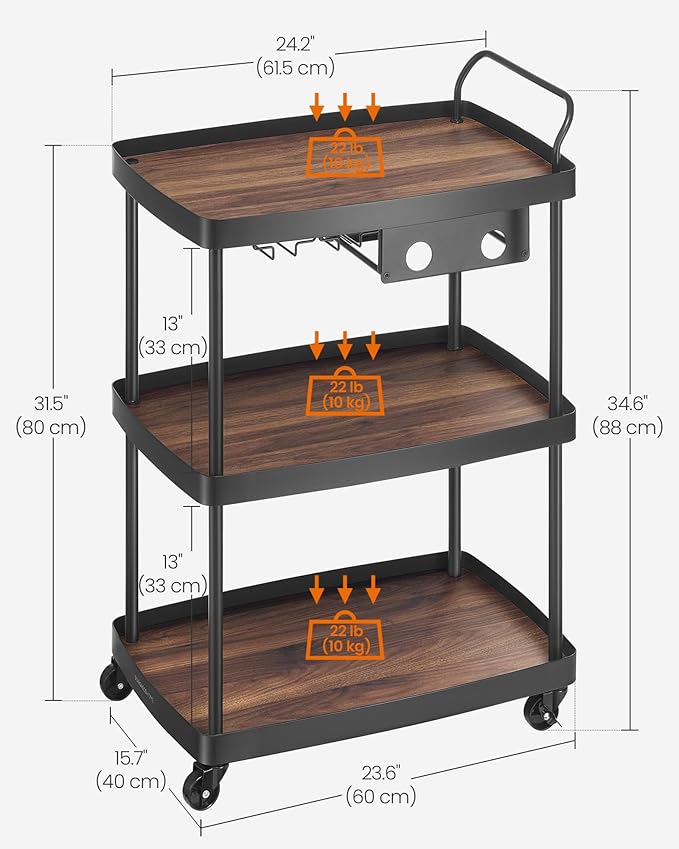 SONGMICS HOME Bar Cart, Home Bar Serving Cart with 3-Tier Shelf, Flexible Wine Bottle Rack and Glass Holder, Drink Beverage Cart, Microwave Cart, Kitchen, Natural Walnut and Ink Black ULRC291B01