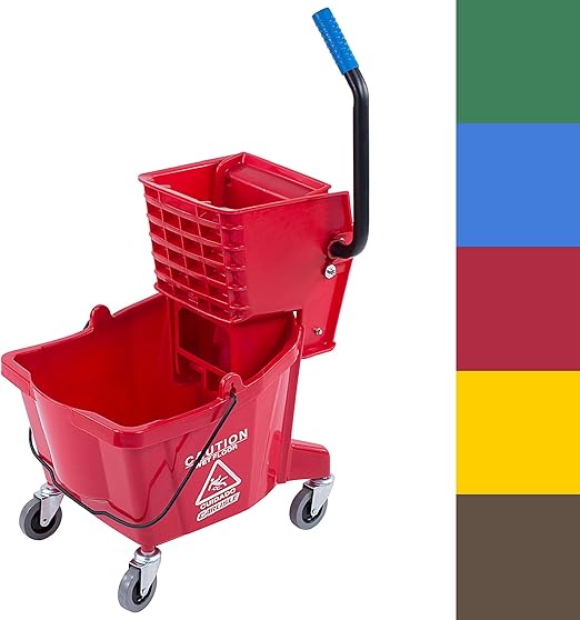 Carlisle FoodService Products 26-Quart Commercial Mop Bucket with Side-Press Wringer, Precision-Molded Polypropylene, Durable Wringer, Bucket with Non-Marking Casters, 18.5 x 16.5 x 23 Inches, Red