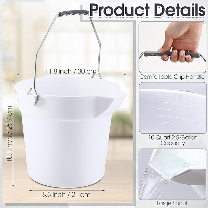 6 Pcs 2.5 Gallon Bucket for Cleaning Plastic Heavy Duty Clean Bucket with Handle and Spout Industrial Storage Container (White)