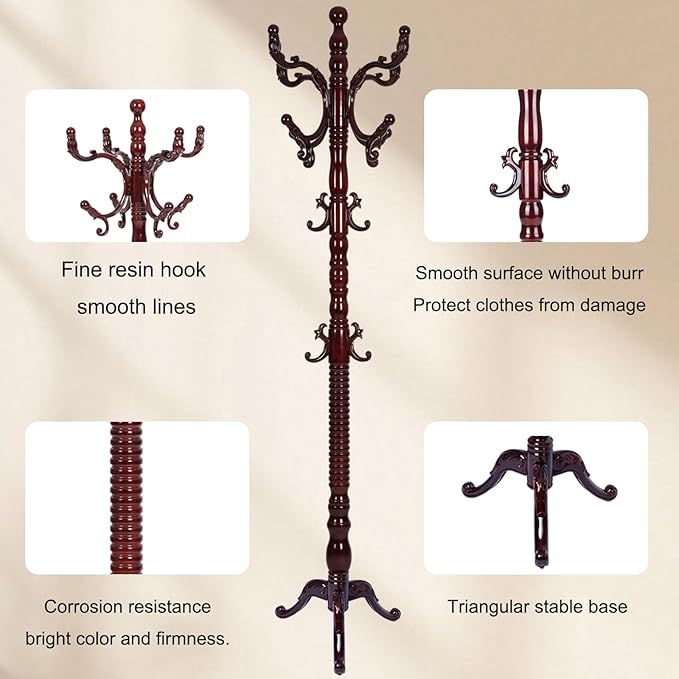 Wooden Coat Rack Stand, 72" Birch Coat Rack Freestanding, Adjustable Height, Coat Tree for Home Bedroom Office Hallway Entryway (Redwood Triangle)