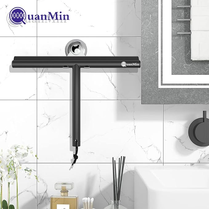 Shower Squeegee with Hook & Sucker - Stainless Steel Core | Silicone Rubber Glass Wiper for Shower Doors, Windows, Mirrors & Car Glass - Black