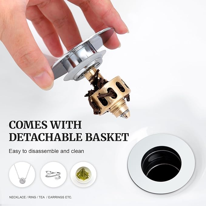 Pop up Sink Drain Stopper with Overflow Chrome for Bathroom Vessel Vanity Sink Art Basin, Big Cap Sink Drain with Overflow, Metal Pop-up Drain Strainer with Detachable Basket Stopper