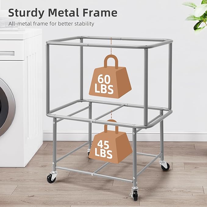 STORAGE MANIAC Rolling Laundry Cart with Storage Shelf, Heavy Duty Industrial Laundry Basket with Wheels, Commercial Metal Frame Clothes Hamper with Canvas Bag for Dorm, Closet, Bedroom, Beige