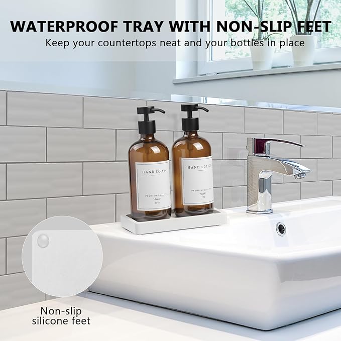 Amber Glass Soap Dispenser - Dish Hand Soap Dispenser for Kitchen, Bathroom Soap Lotion Dispenser with Pump, Refillable Liquid Soap Pump Dispenser Set with Tray, Amber Bottle/Black Pump-pd