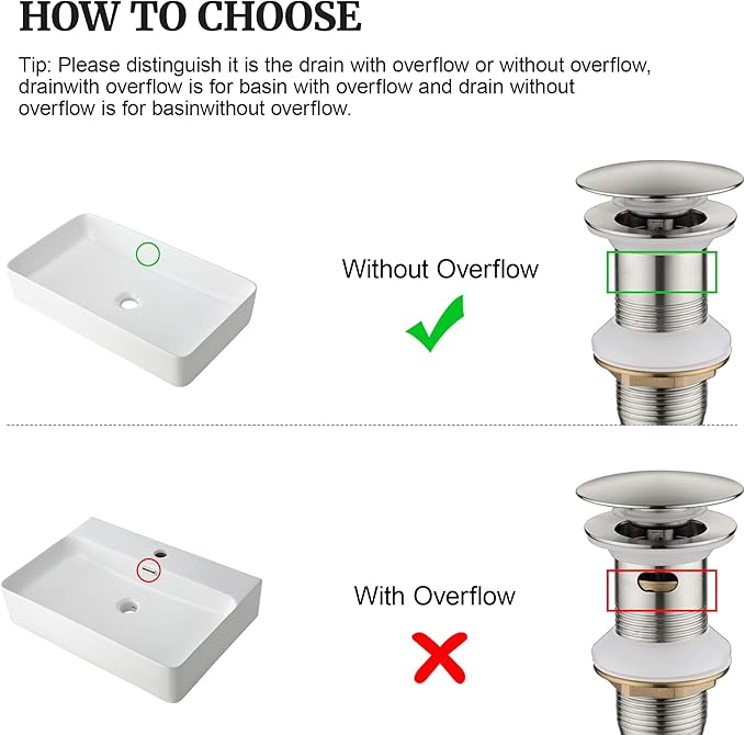 Pop up Sink Drain Stopper Without Overflow Brushed Nickel for Bathroom Vessel Vanity Sink Art Basin, Big Cap Sink Drain Without Overflow, Metal Pop-up Drain Strainer with Detachable Basket Stopper