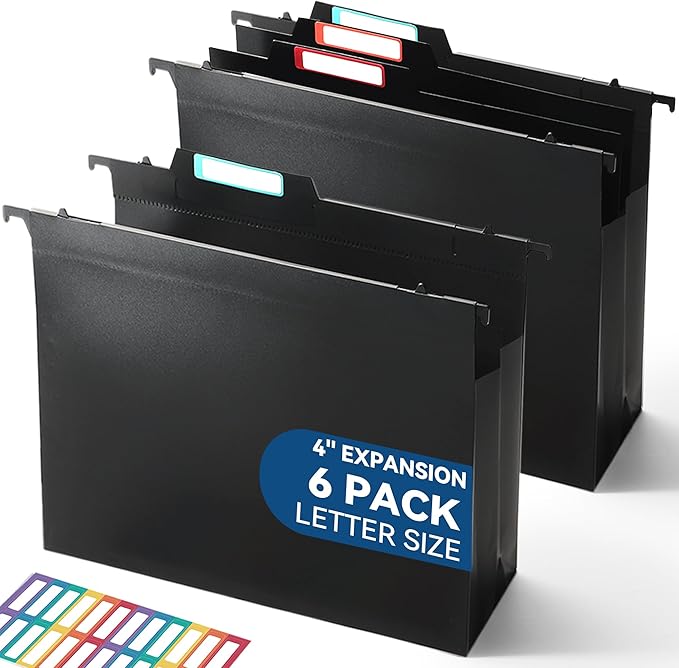 Plastic High Capacity Hanging File Folders, 4" Expanding Pocket with Movable Dividers, Heavy Duty for Filing Cabinet, Insertable Tabs, Letter Size - 6 Pack