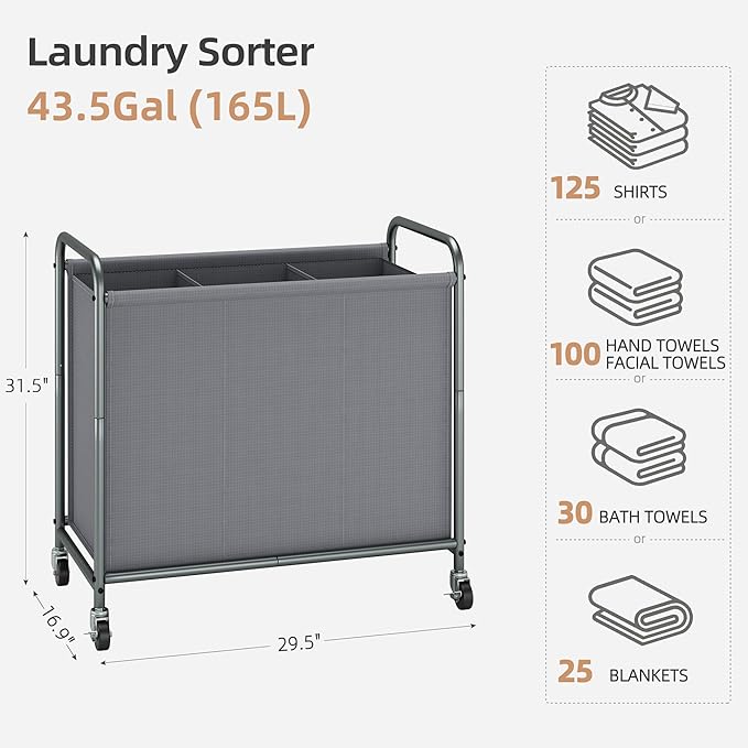 STORAGE MANIAC Rolling Laundry Hamper, 165L Laundry Basket with Lockable Wheels, Triple Clothes Sorter Cart, 3 Bag Clothes Separator Hamper for Closet, Bathroom, Laundrys Room, 3 Section Gray