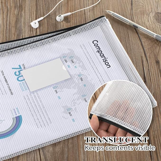 Sooez 20 Pack Mesh Zipper Pouch with Label Pocket, Plastic Zip File Folders, Zipper Document Bag for Teacher School Office Supplies, Classroom Organization, Board Game Storage, 13.3" x 9.4", Black