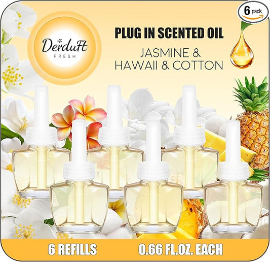 Plug in Refills Air Freshener, Scented & Essential Oil Refills for Home and Bathroom, Jasmine, Hawaiian & Cotton Scents, 6 Count (3.96 Fl Oz), Compatible with Air Wick & Glade, Not Include Glade Plus